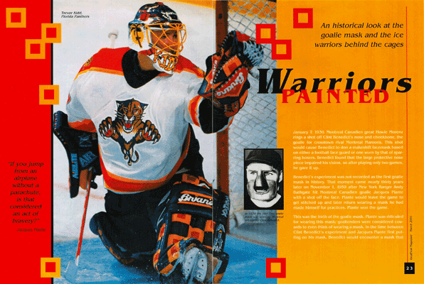 A two page magazine spread about the history of the National Hockey League goalie mask.
