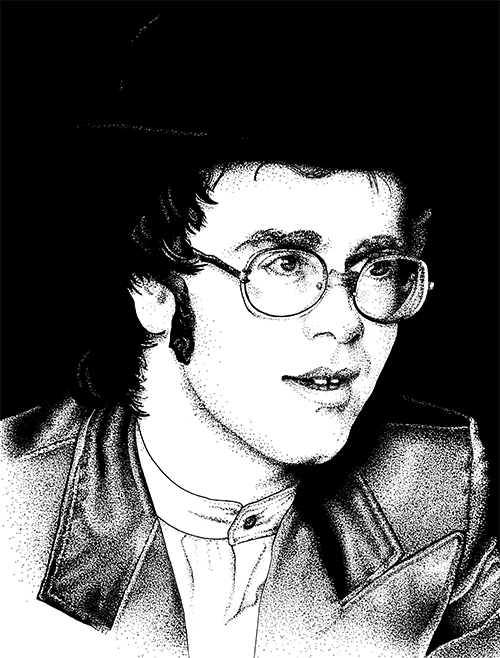 A young Elton John wearing a cowboy hat. Illustration rendered in marker on bristol board.