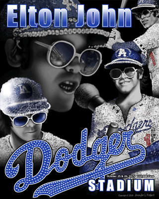 A compilation of illustrations commemorating Elton John's concerts at Dodger Stadium, in Los Angeles, CA, on October 25 & 26, 1975. Illustrations rendered in Photoshop.