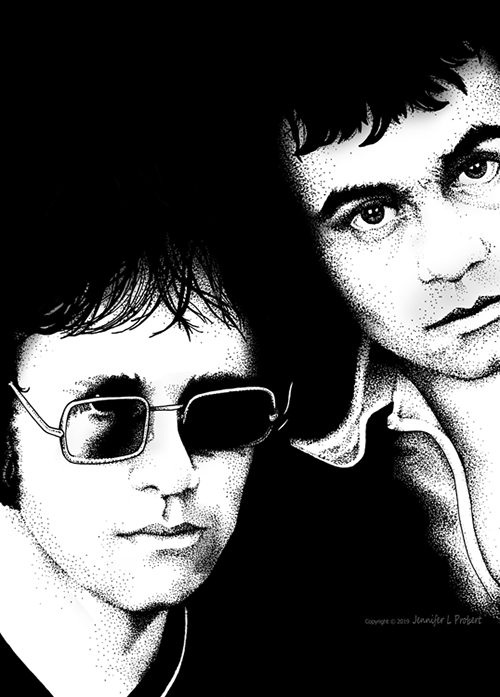 Elton John and Bernie Taupin. Illustration rendered in marker on bristol board.