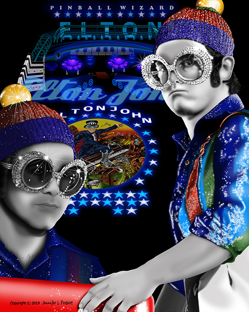 A compilation of illustrations commemorating Elton John's cameo appearance as The Pinball Wizard in the rock opera, Tommy. Illustrations rendered in Photoshop.