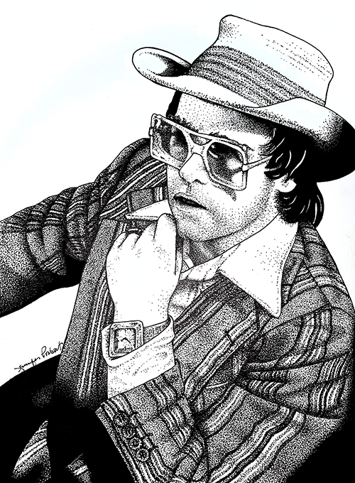 Elton John peering over his left shoulder. Illustration rendered in white conte pencil on white board.
