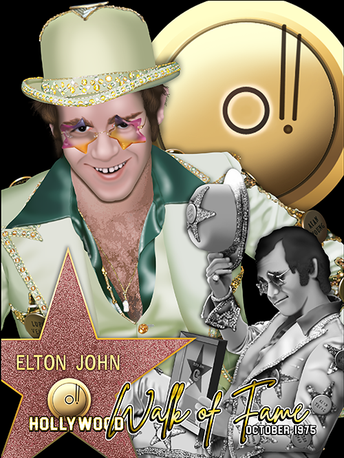 A compilation of illustrations commemorating Elton John's star on the Hollywood Walk of Fame, 1975. Illustrations rendered in Photoshop.