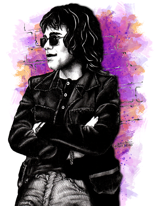 Elton John leaning casually against a brick wall, 1970. Illustration rendered in marker on bristol board.