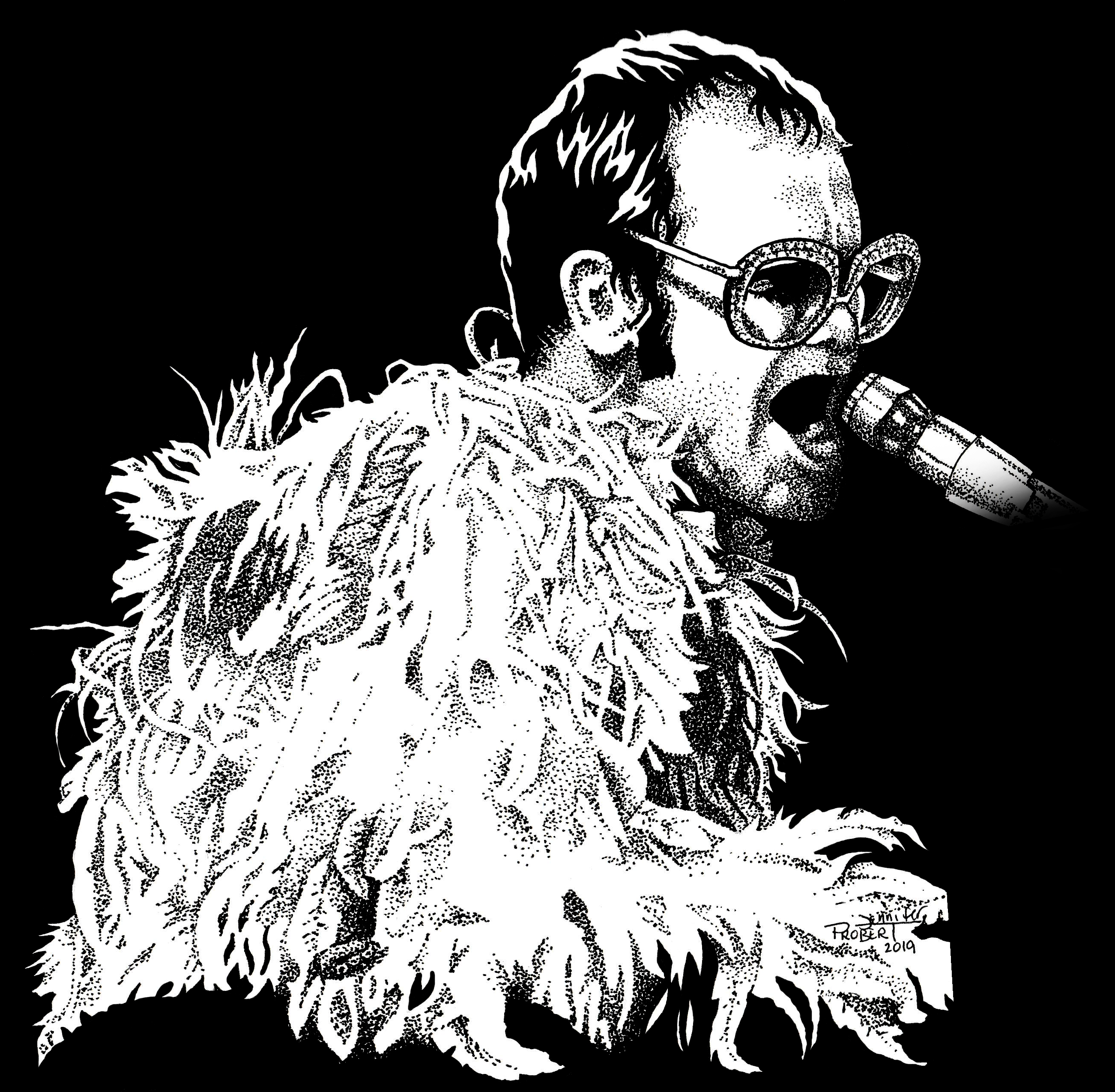 Elton John singing at a concert in the mid-1970s. Illustration rendered in marker on bristol board.