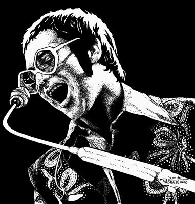 Elton John wearing a sequin suit singing at a concert in the mid-1970s. Illustration rendered in marker on bristol board.