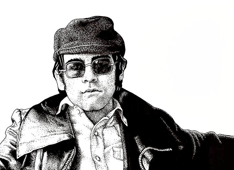 Elton John in a black leather jacket. Original photo from the Tumbleweed Connection album. Illustration rendered in white conte pencil on white board.
