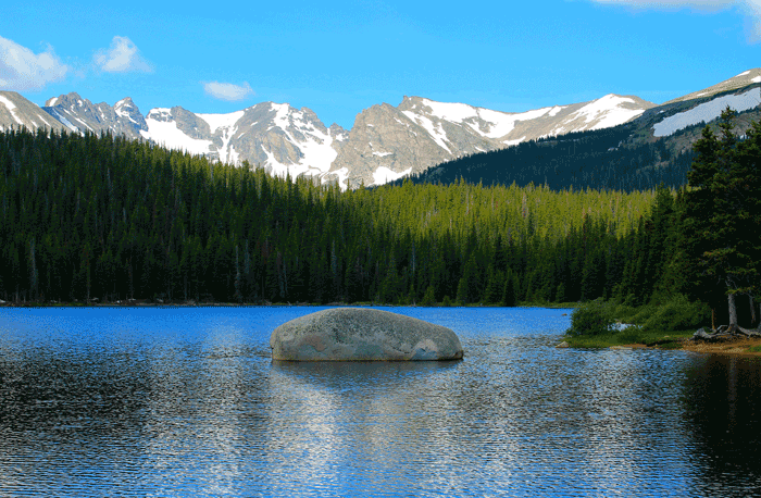 Brainard Lake Naitonal Recreation Area in Ward, Colorado, with Rocky Mountain National Park in the background.