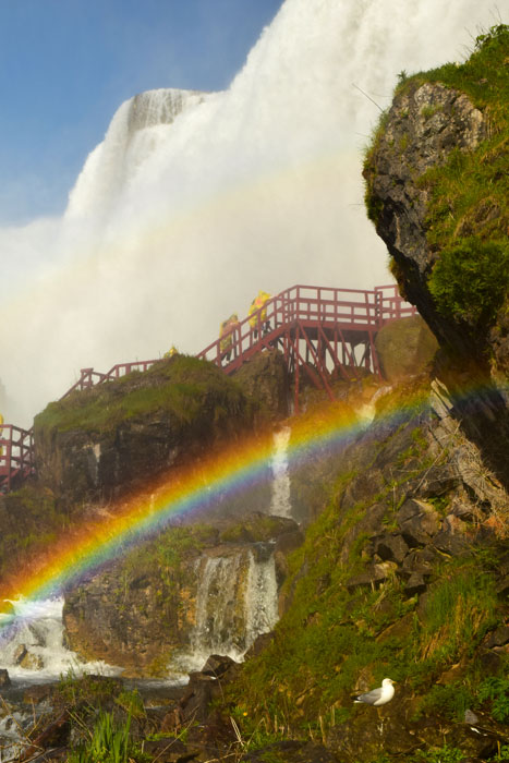 Niagara Falls has a viewing platform at the bottom of the American falls. Rainbows are a common sight.